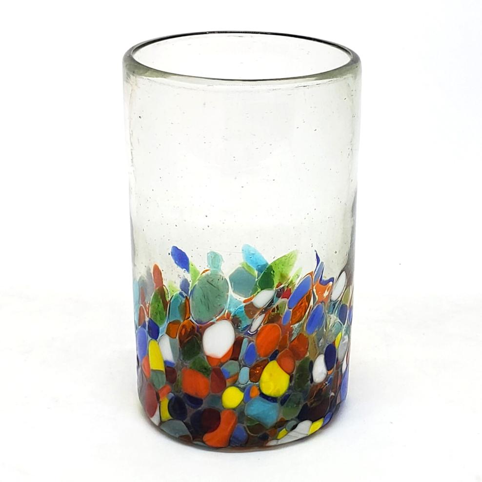 Sale Items / Clear & Confetti 14 oz Drinking Glasses (set of 6) / Our Clear & Confetti drinking glasses combine the best of two worlds: clear, thick, sturdy handcrafted glass on top, meets the colorful, festive, confetti bottom! These glasses will sure be a standout in any table setting or as a fabulous gift for your loved ones. Crafted one by one by skilled artisans in Tonala, Mexico, each glass is different from the next making them unique works of art. You'll be amazed at how they make having a simple glass of water a happier experience. Made from eco-friendly recycled glass.